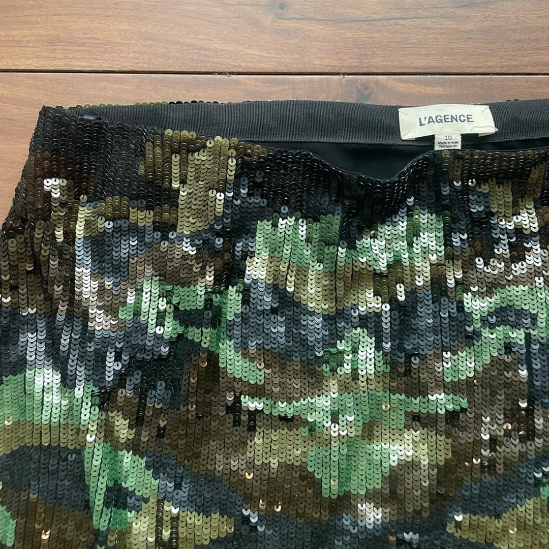L'Agence Phoebe Metallic Sequined Camo Skirt Size 10