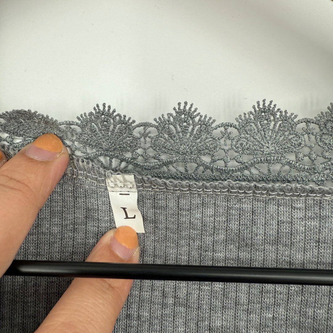 Gray Ribbed Long Sleeve Lace Trim V-Neck Button Cuff Casual Top Women's L