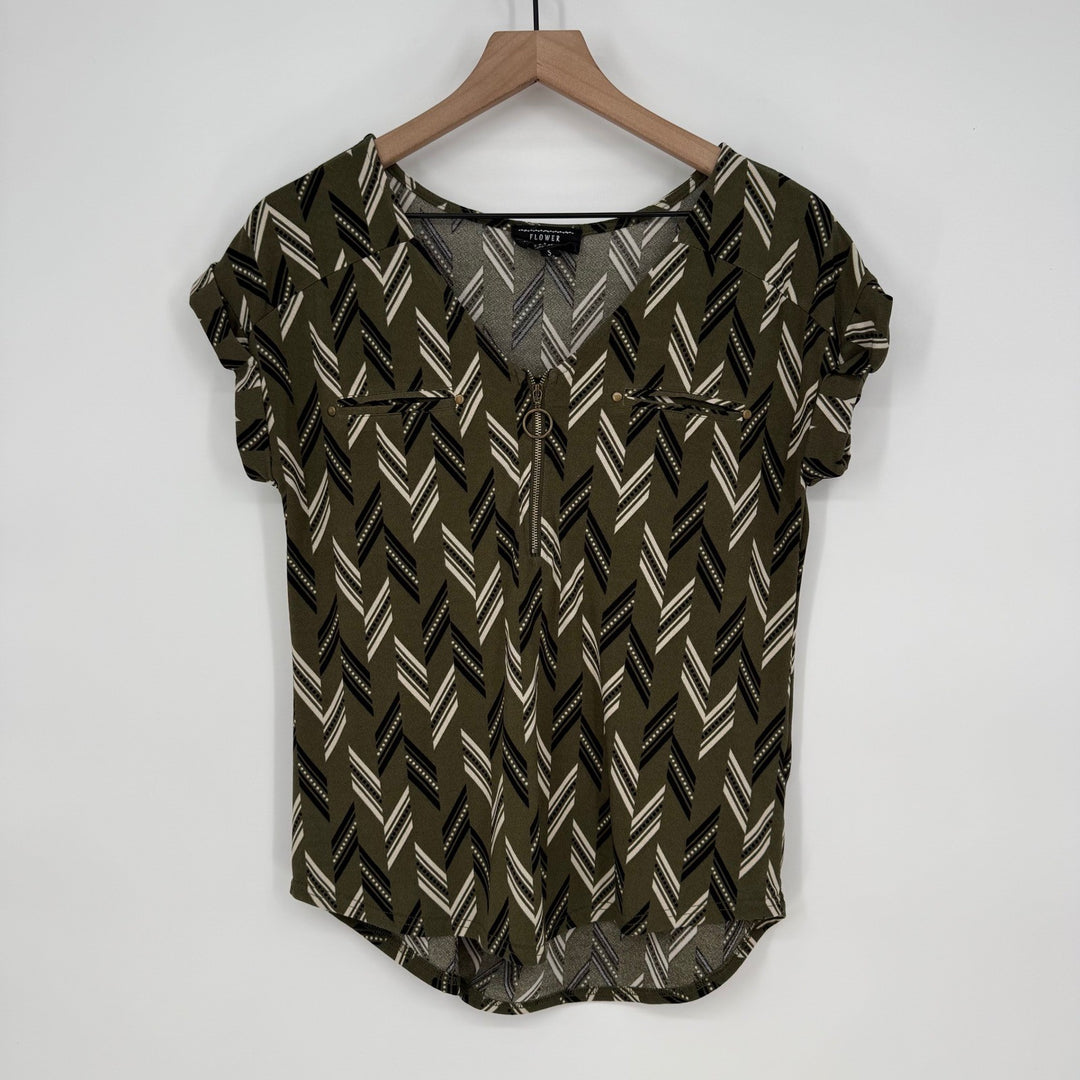 Flower & Feather Olive Green Geometric Print Top Blouse Zipper Detail Size S