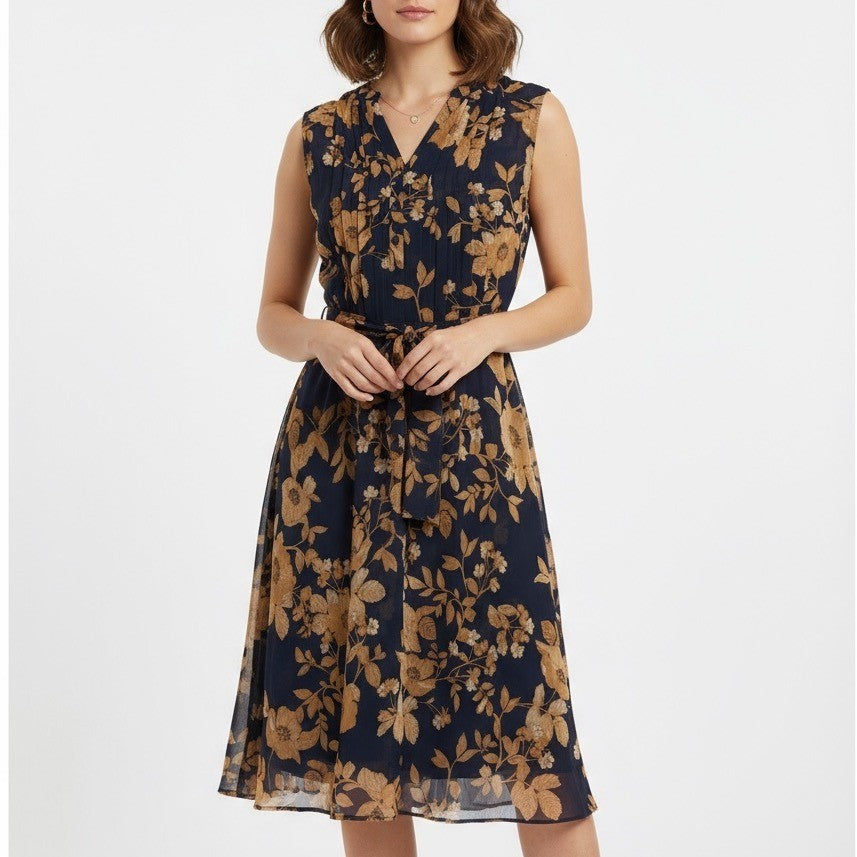 Nanette Lepore Navy Gold Floral Print Sheer Belted Midi Dress Size 8