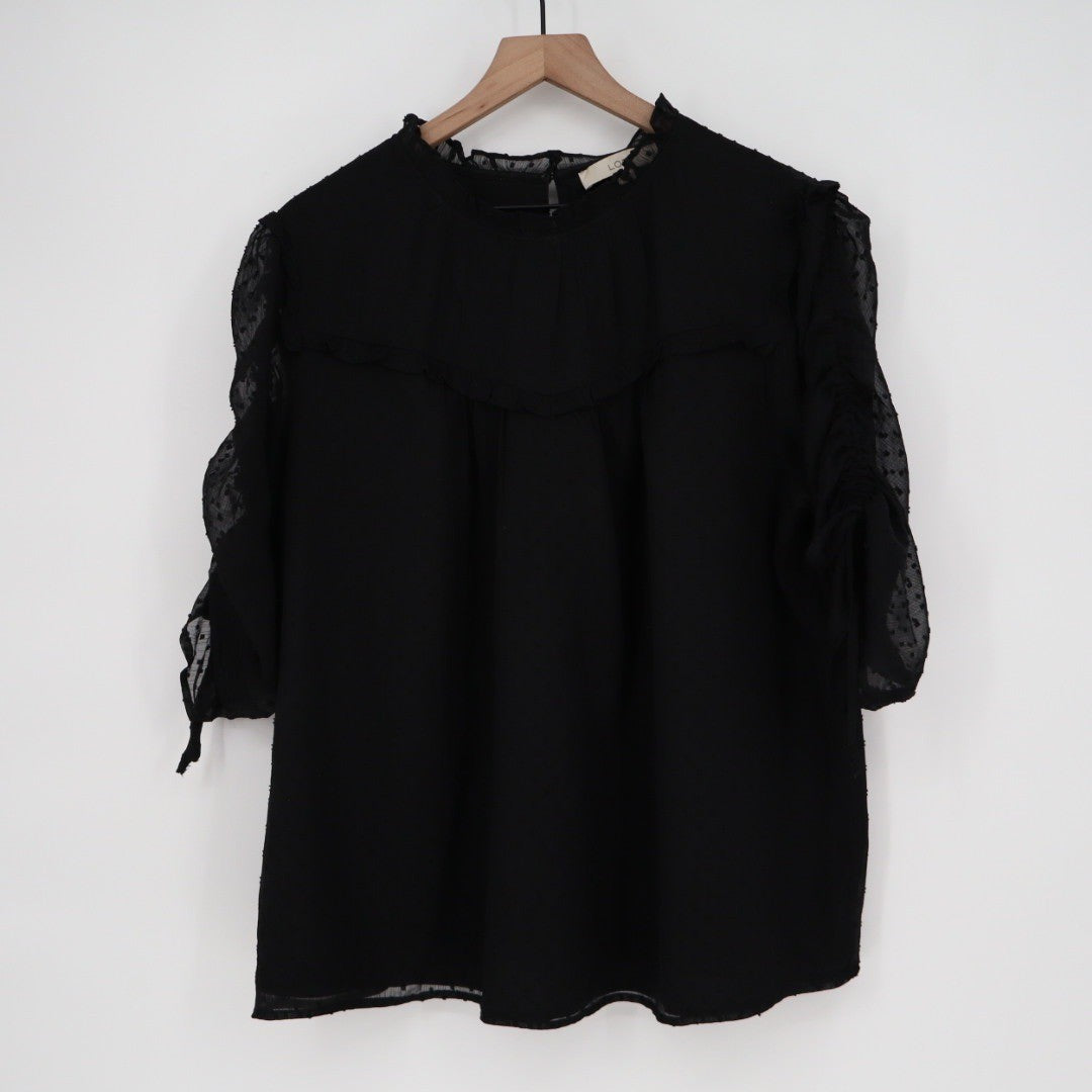 LOFT Black Ruffled Mock Neck Swiss Dot Blouse XXL