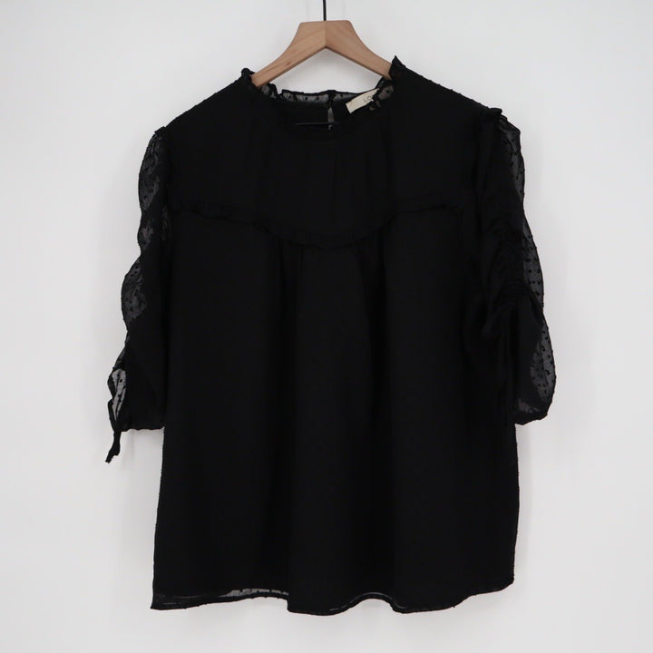 LOFT Black Ruffled Mock Neck Swiss Dot Blouse XXL