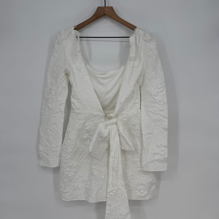 Lulus Elevated Icon White Jacquard Long Sleeve Bow Mini Dress Size M