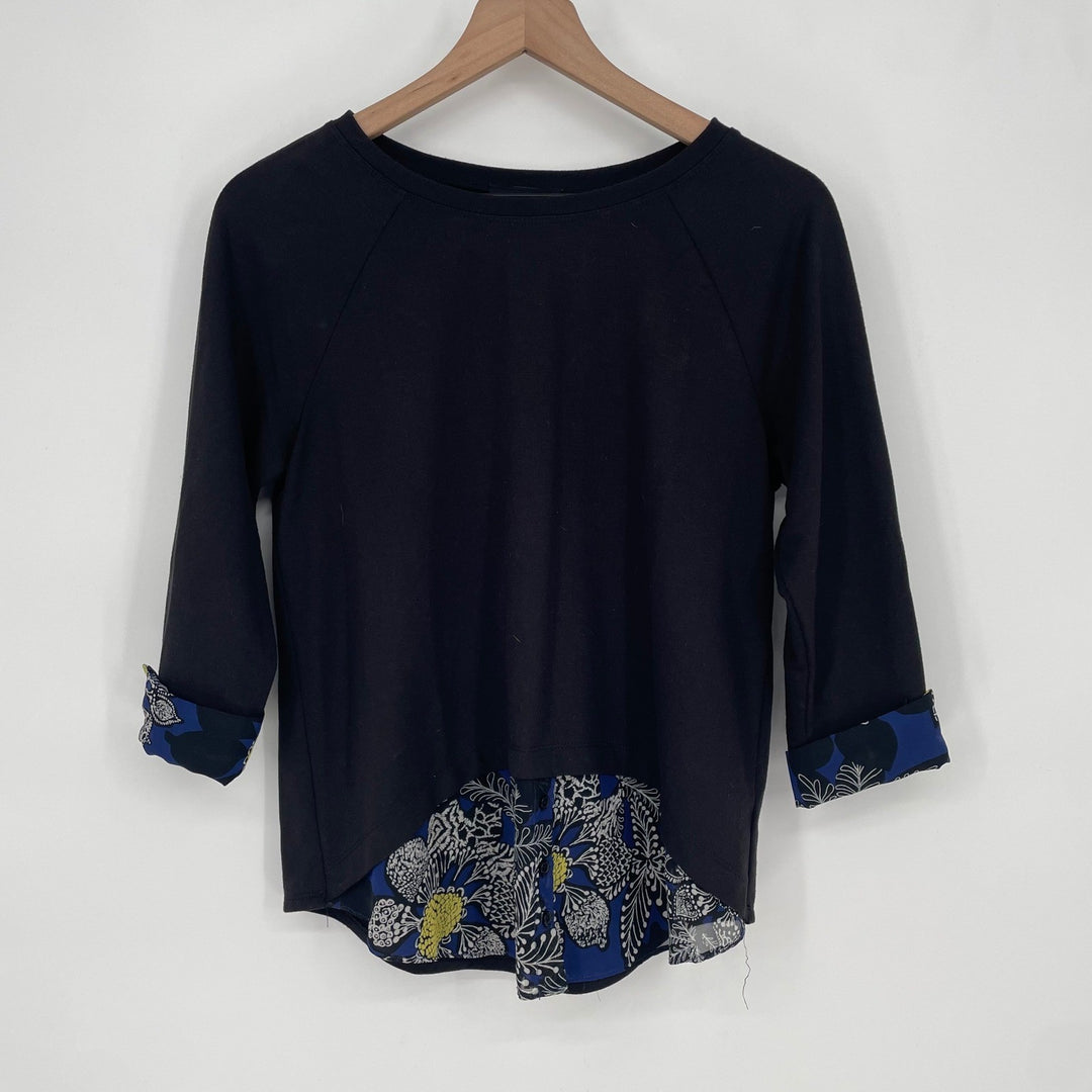 AGB Black Three Quarter Sleeve High Low Top with Print Underlay Size S