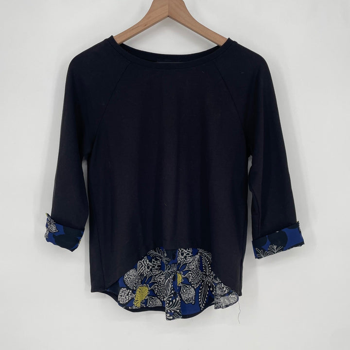 AGB Black Three Quarter Sleeve High Low Top with Print Underlay Size S