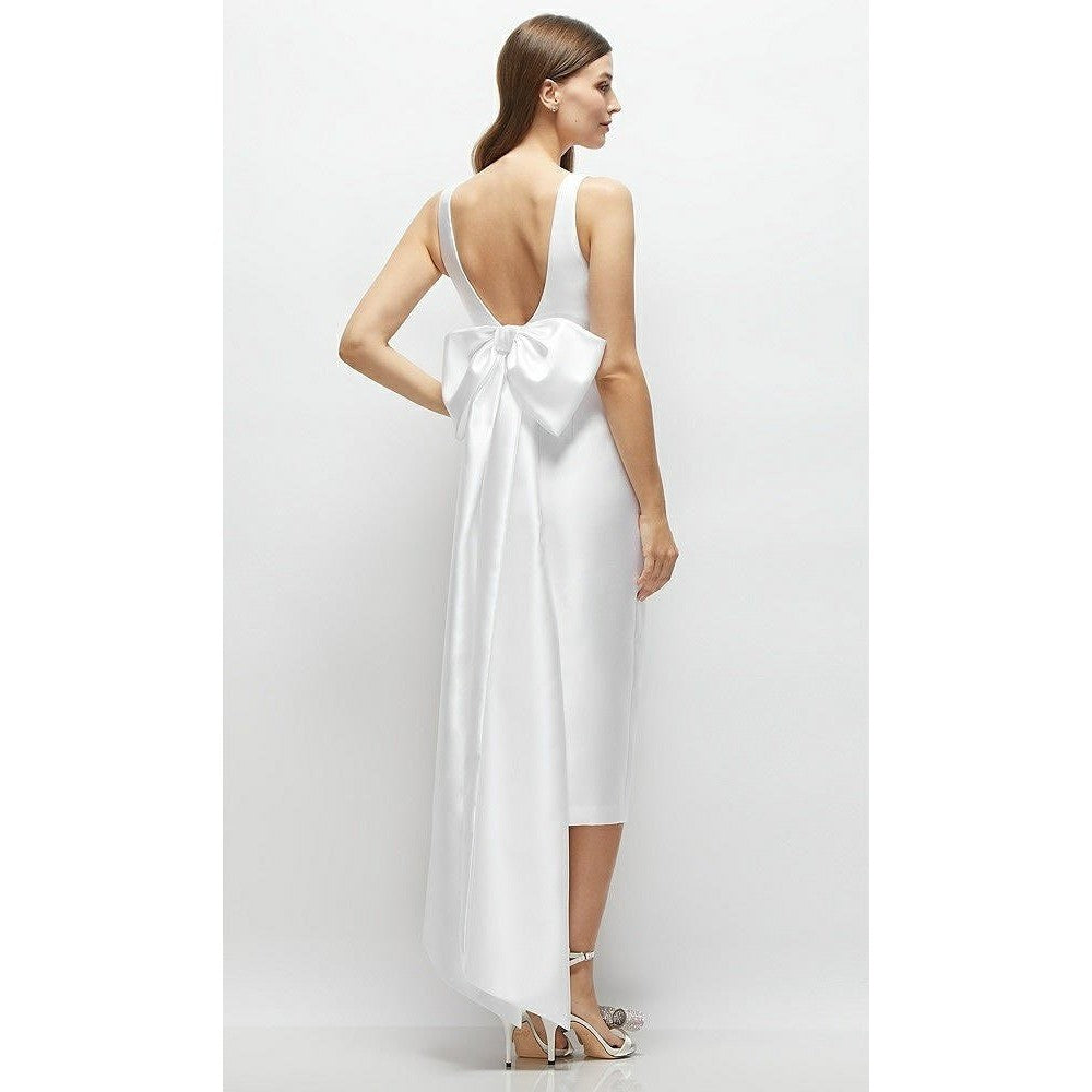 Alfred Sung Scoop Neck Corset Satin Midi Dress With Floor-Length Bow Tails White