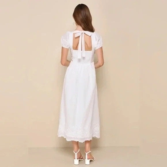 Lulus Stylish Merriment White Puff Sleeve Embroidered Midi Dress Size M