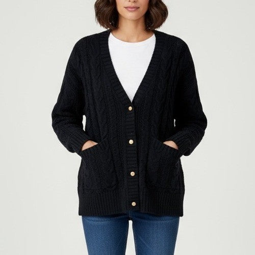 Zara Black Cable Knit Button Front Cardigan Sweater Size Medium