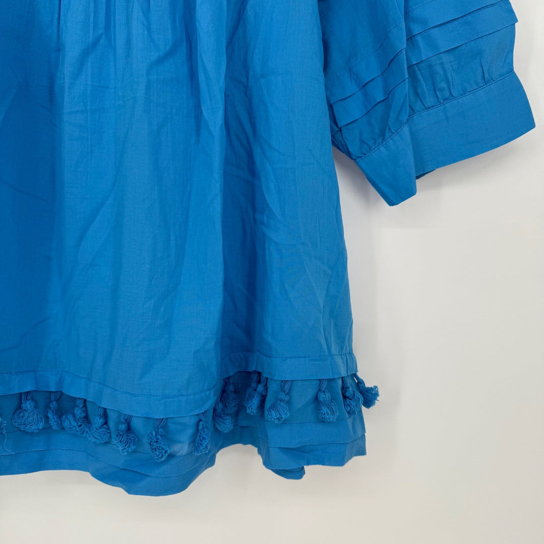 Chicos Blue Square Neck Pintuck Tassel Tunic Top Shirt Size 16