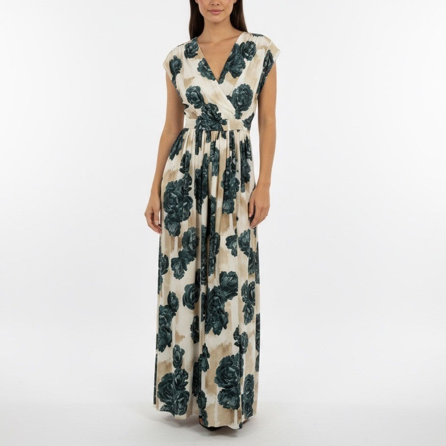 Christina Economou Floral Maxi Dress V Neck Cap Sleeve Empire Waist SIze 0