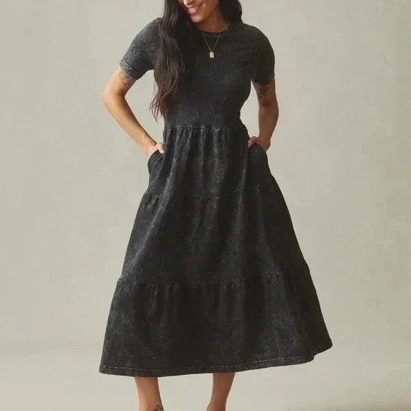 American Giant Black Acid Wash Tiered Midi T Shirt Dress Size M Made in USA