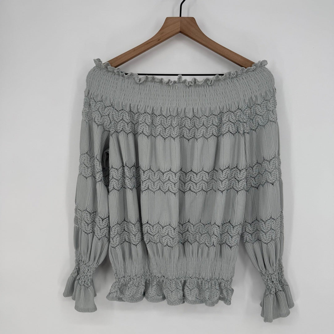 Womens Off Shoulder Smocked Lace Trimmed Blouse Long Sleeve Light Blue Size L
