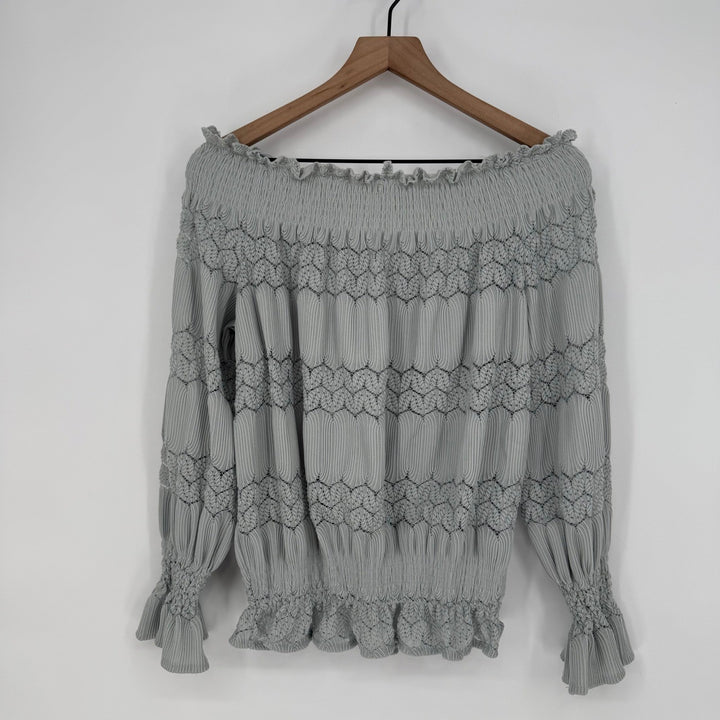 Womens Off Shoulder Smocked Lace Trimmed Blouse Long Sleeve Light Blue Size L