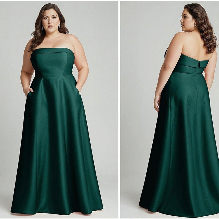Alfred Sung Strapless Bias Cuff Bodice Satin Gown With Pockets In Evergreen