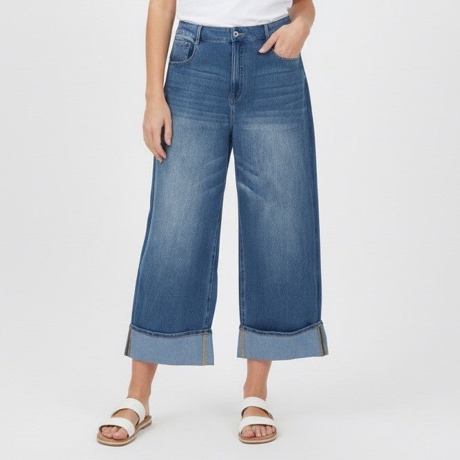 Halara Flex Denim Cropped Wide Leg Jeans Cuffed Medium Wash Size XL