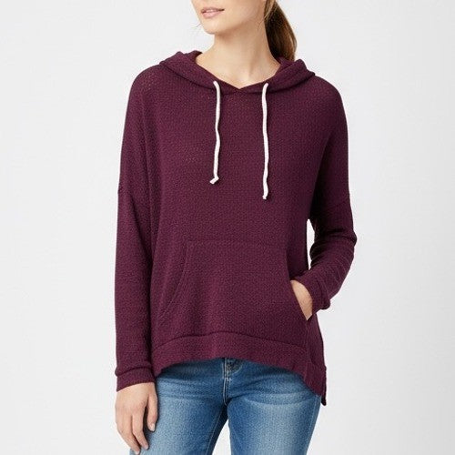 AQUA Burgundy Knit Pullover Hoodie Lightweight Casual Drawstring Pocket XS