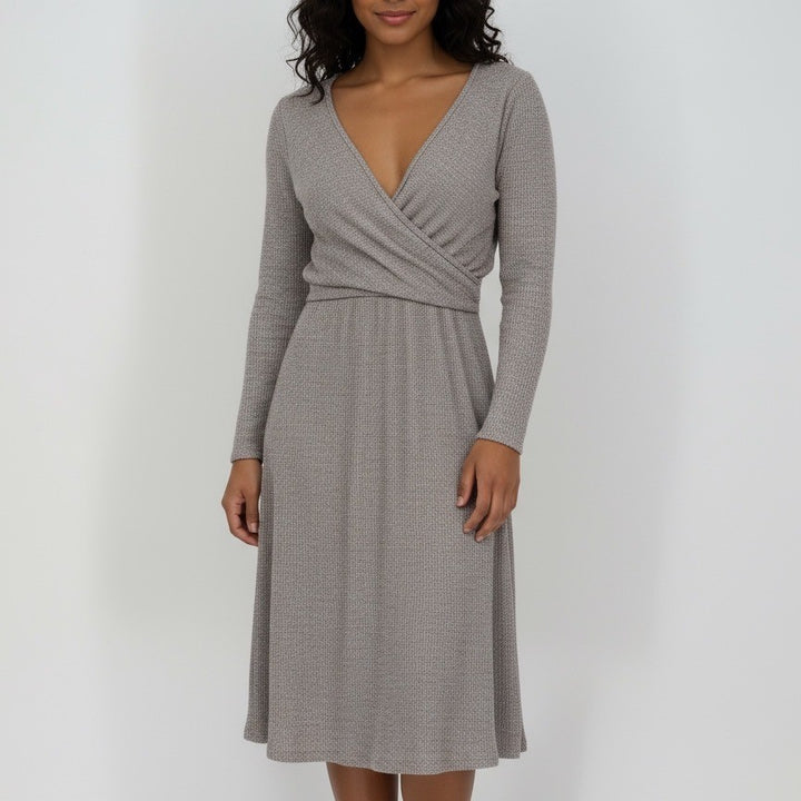 AMADI Wrap Knit Midi Dress Taupe Long Sleeve V Neck Ruched Casual Size S