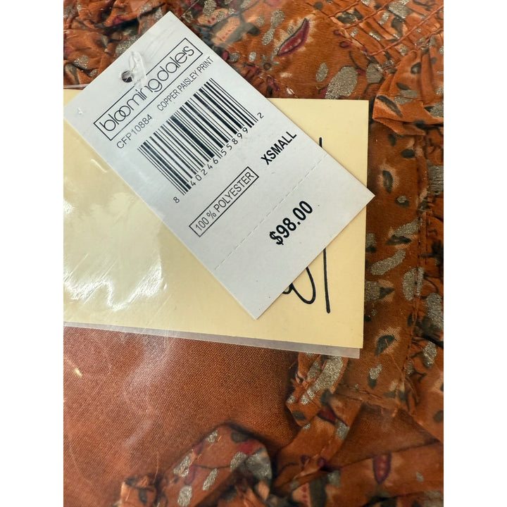 Elan Blouse XS Copper Paisley Print Long Sleeve Smocked Bloomingdales