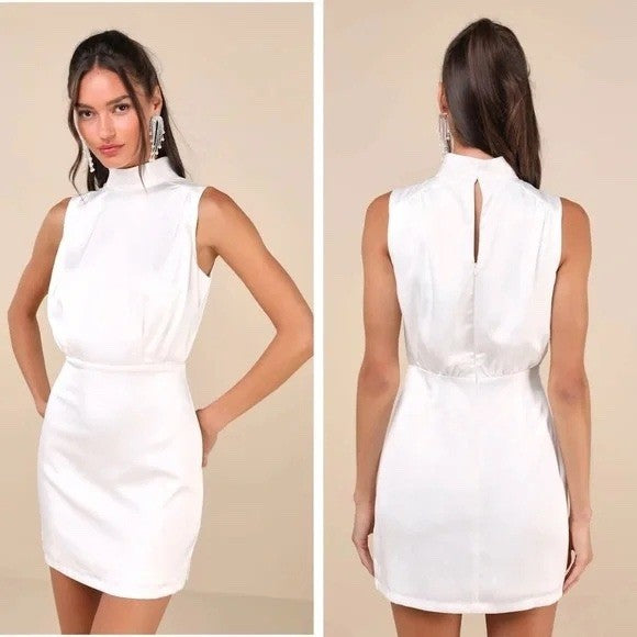 Lulus Classic Elegance White Satin Sleeveless Mock Neck Mini Dress Size L