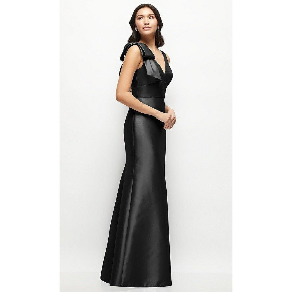 Alfred Sung Deep V-Back Satin Trumpet Dress With Cascading Bow At On Shoulder