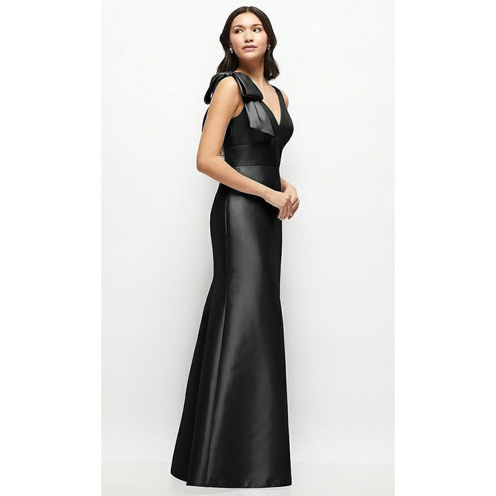 Alfred Sung Deep V-Back Satin Trumpet Dress With Cascading Bow At On Shoulder
