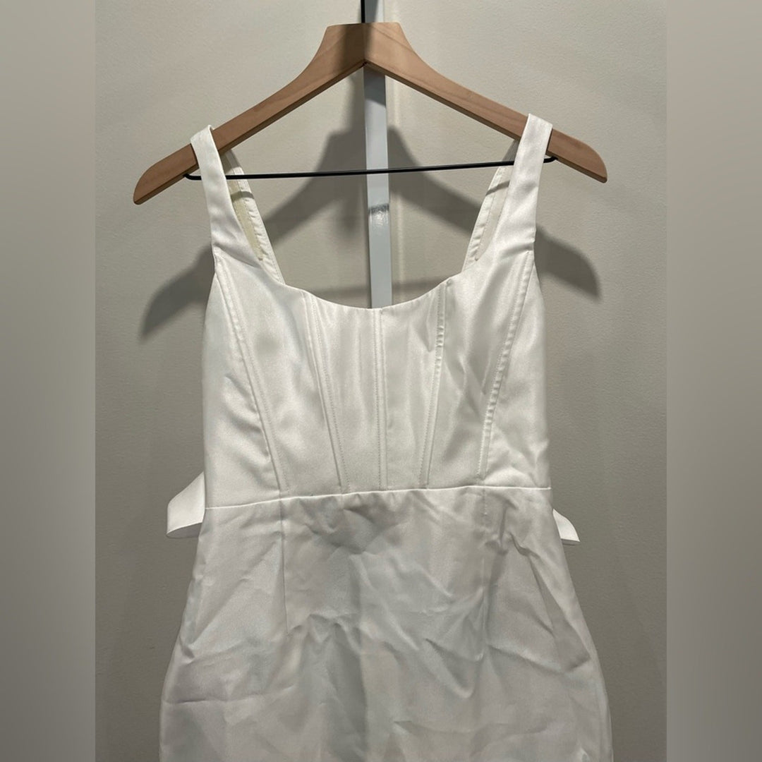 Alfred Sung Scoop Neck Corset Satin Midi Dress With Floor-Length Bow Size 0