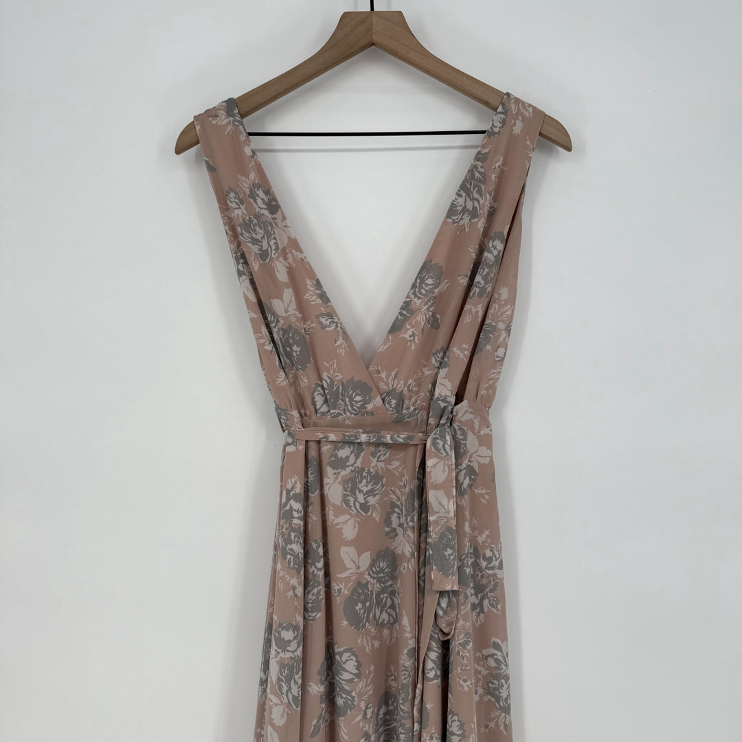 Lovers + Friends Wrap Maxi Dress Womens 4 Beige Floral Plunge Double V Neck