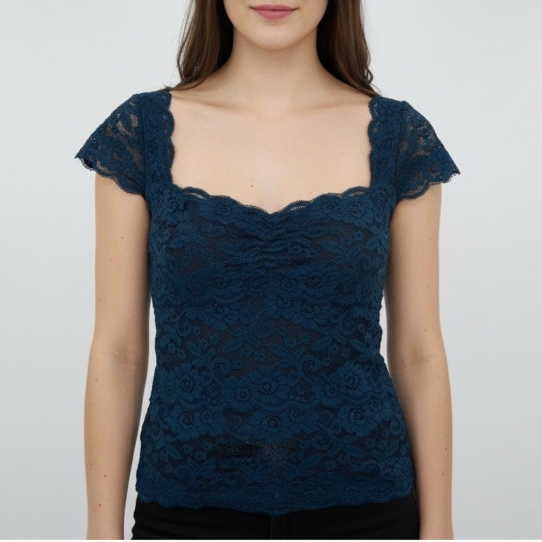 Garage Lace Cap Sleeve Square Neck Top Teal Medium