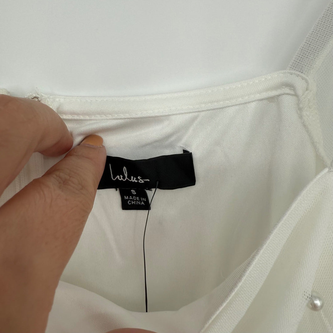 Lulus Admirably Divine White Mesh Pearl Long Sleeve Mini Dress Size S