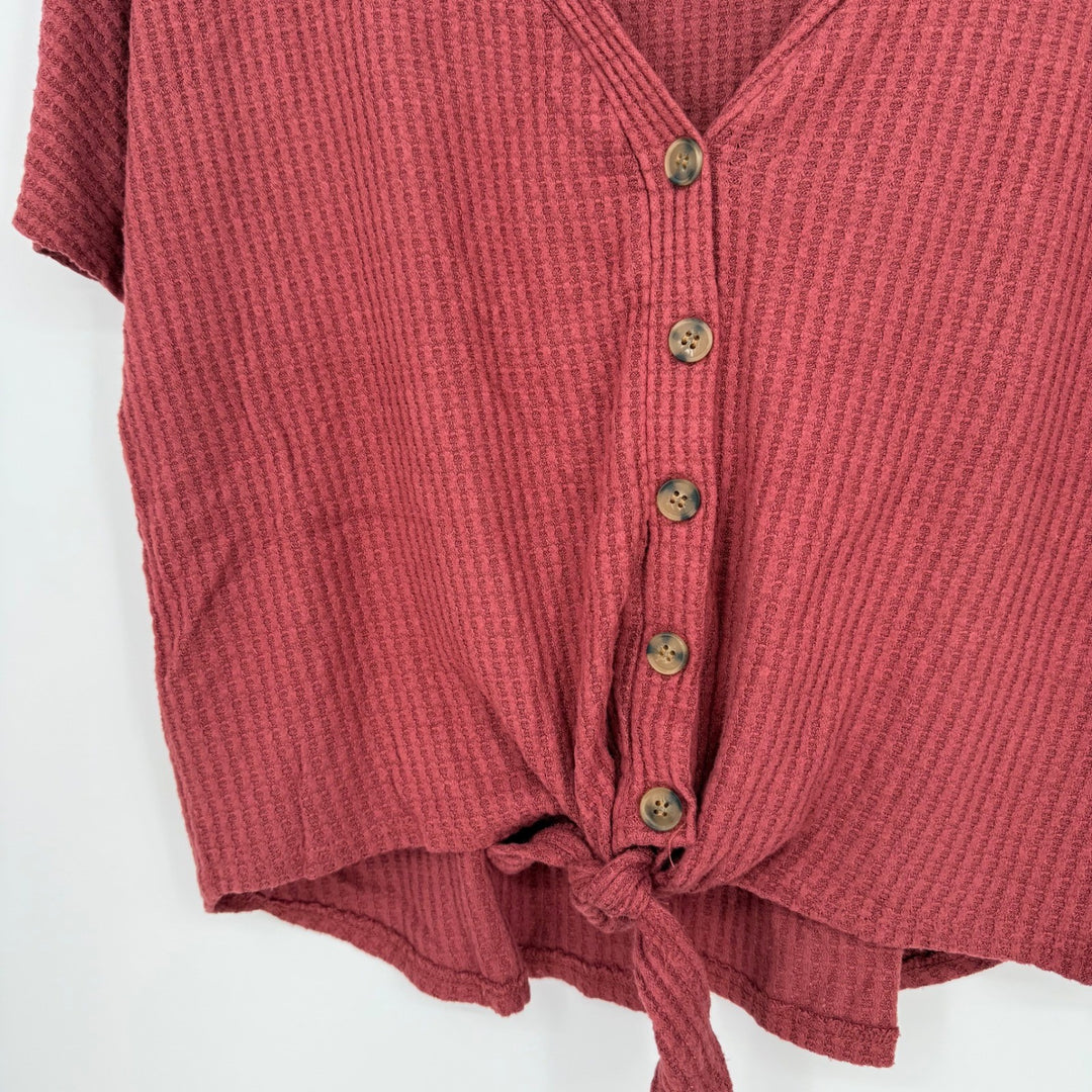 Pink Republic Women's Waffle Knit Tie Front Button Down Top Size L