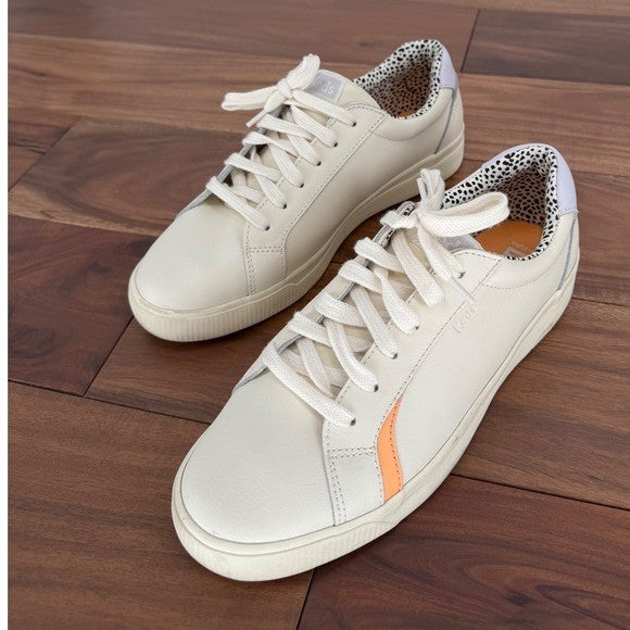 Keds Cream Leather Sneakers with Orange Stripe & Leopard Print Accent