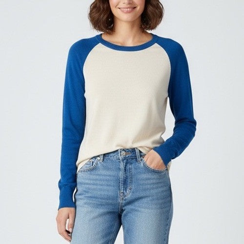 EQUIPMENT FEMME Silk Baseball Style Long Sleeve Sweater Top XS Cream Blue