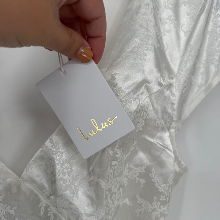 Lulus Loveliest Dream White Satin Jacquard Backless Mermaid Maxi Dress Size L