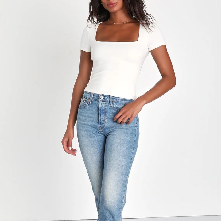 Lulus White Square Neck Cap Sleeve Cropped Top Size S