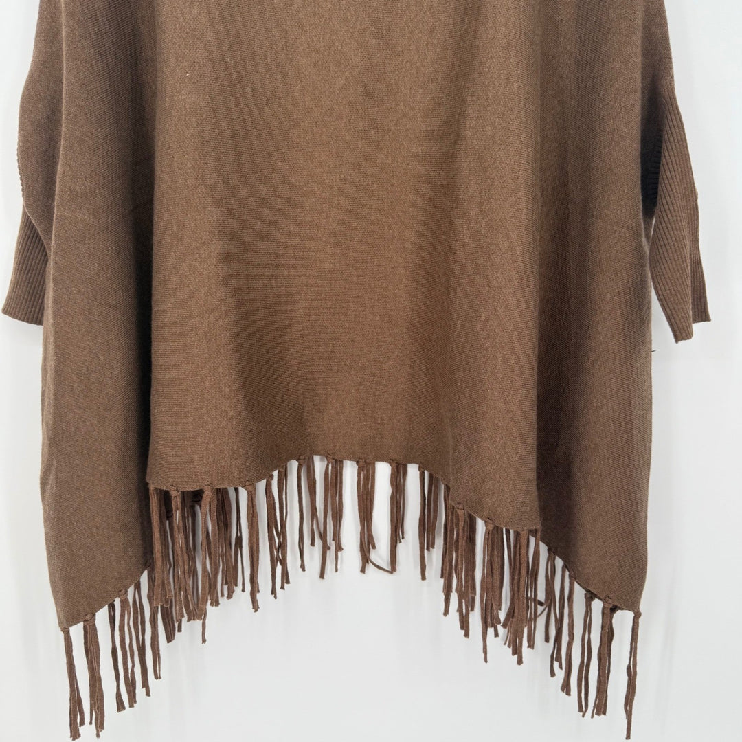 MAGASCHONI Women's Brown Wool Blend Turtleneck Fringe Poncho Sweater S/P