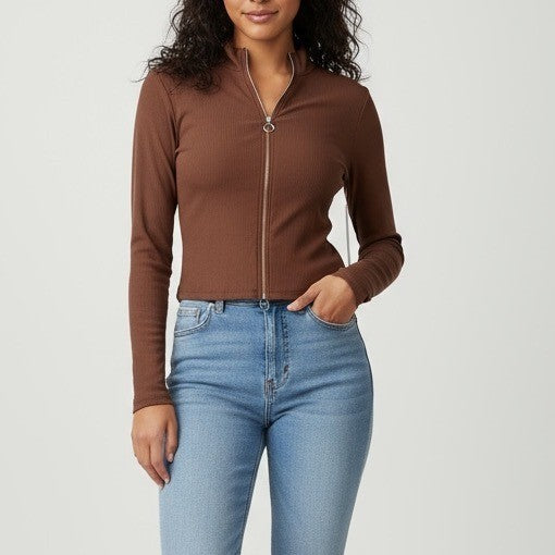 Shosho Brown Ribbed Zip Up Mock Neck Long Sleeve Crop Top Size S