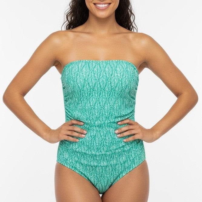 J.Crew Ruched Strapless One Piece Swimsuit Green White Leaf Print Size L
