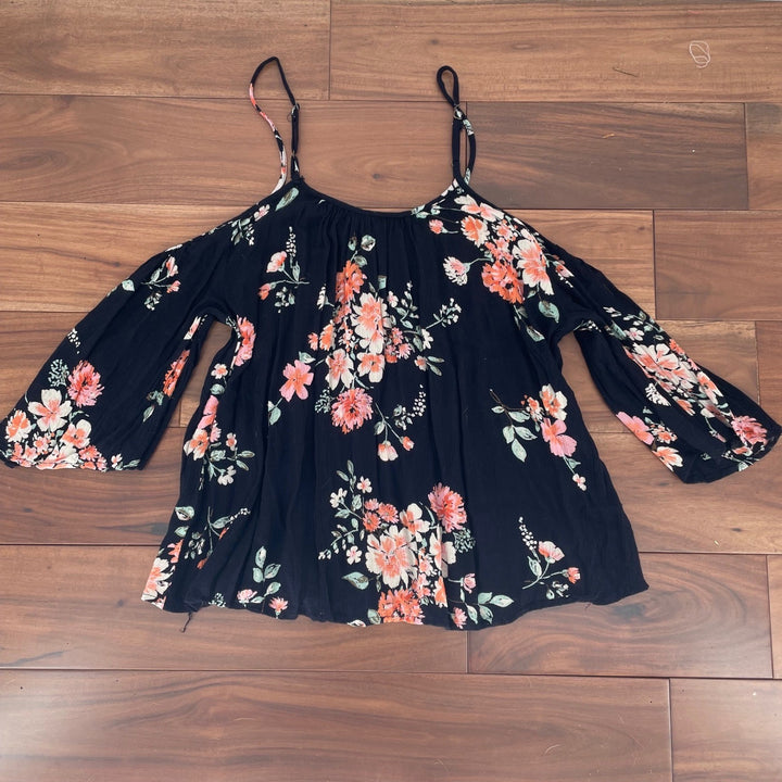 Japonica Black Floral Cold Shoulder Bell Sleeve Blouse Top Size S