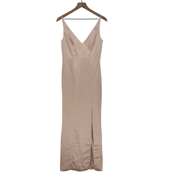 After Six Beige Satin V Neck Spaghetti Strap Floor Length Gown Dress Sz 4
