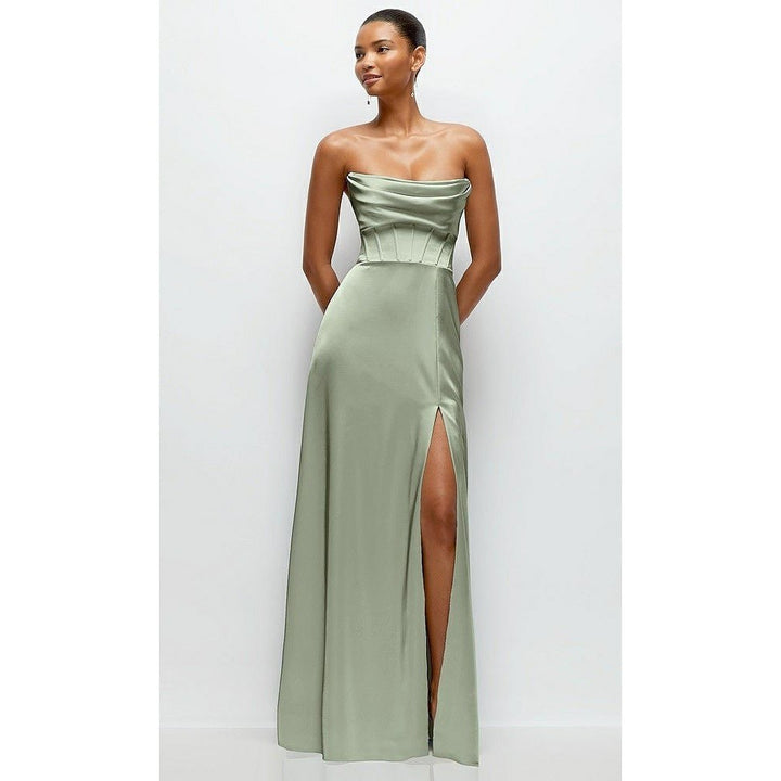 AFTER SIX Sage Green Satin Corset Drape Neck Off Shoulder Maxi Dress Size 12 R