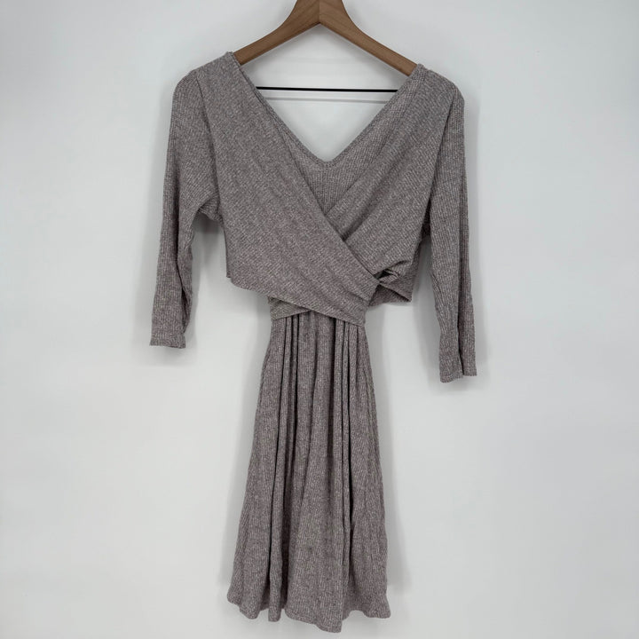 AMADI Wrap Knit Midi Dress Taupe Long Sleeve V Neck Ruched Casual Size S