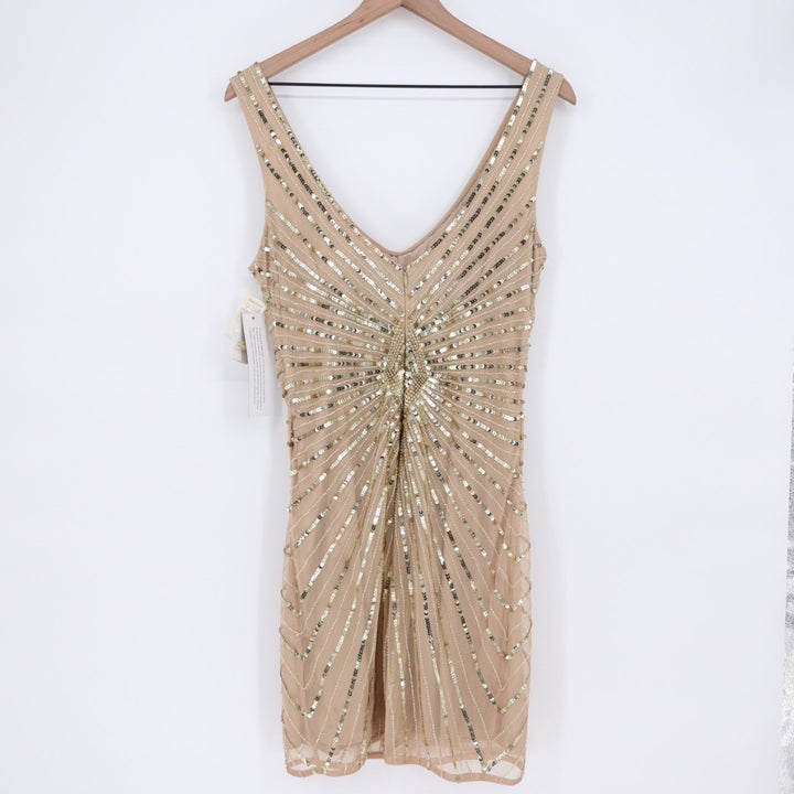 Aidan Mattox Beaded Sequin V Neck Cocktail Dress Champagne Gold Size 12