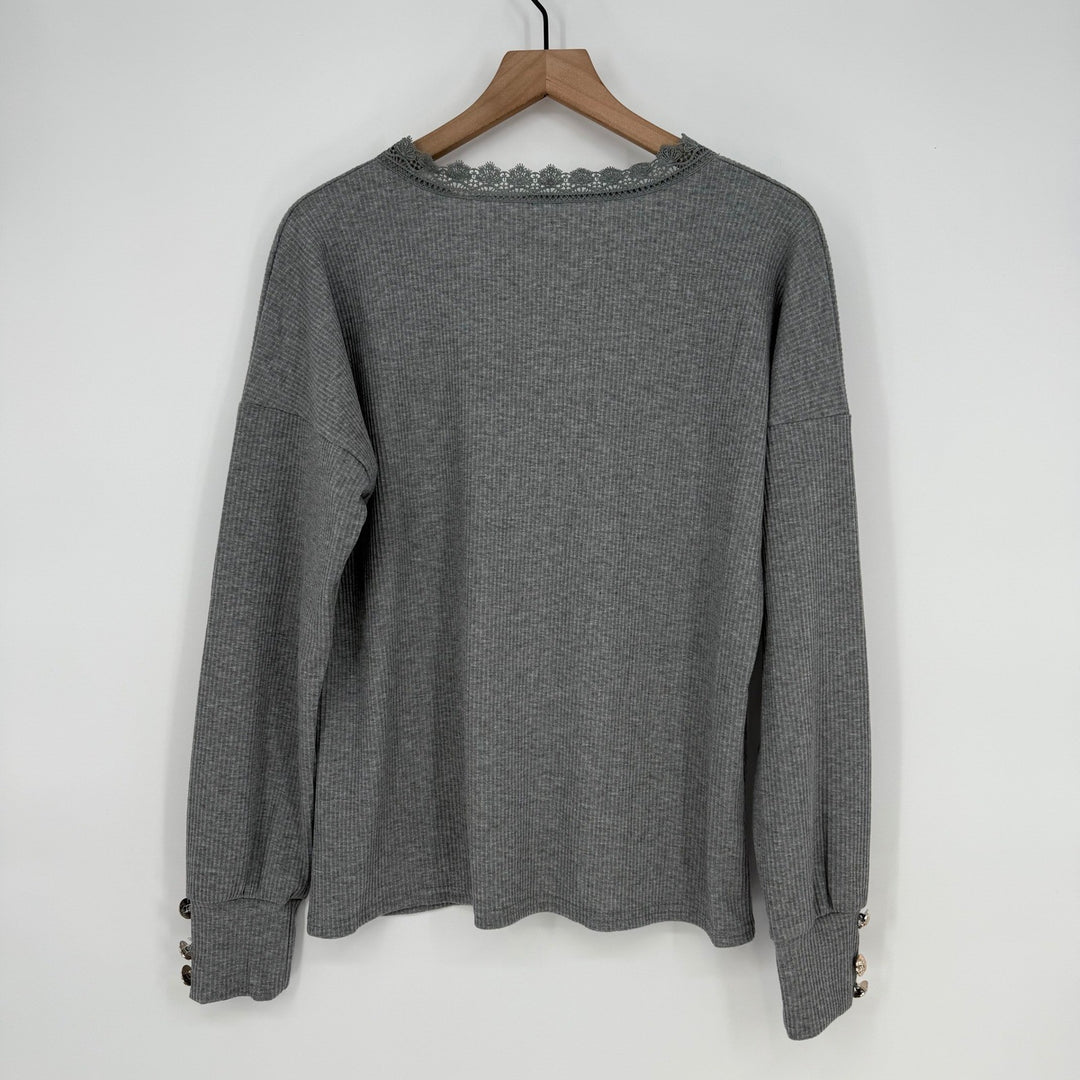 Gray Ribbed Long Sleeve Lace Trim V-Neck Button Cuff Casual Top Women's L