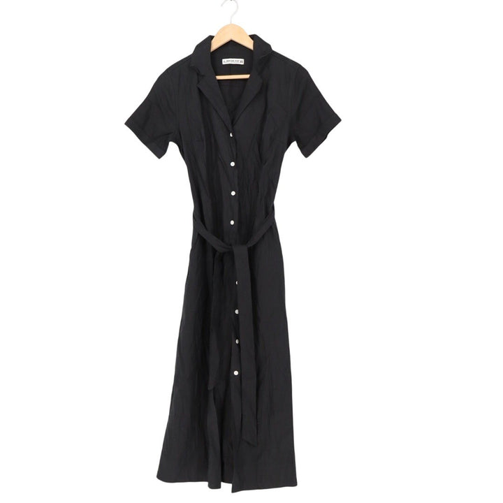 American Giant Black Linen Blend Button Front Belted Shirt Dress XS