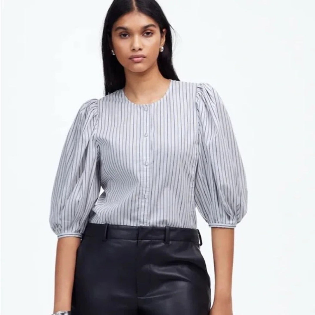 Madewell Puff-Sleeve Button-Up Top in Stripe Size 0