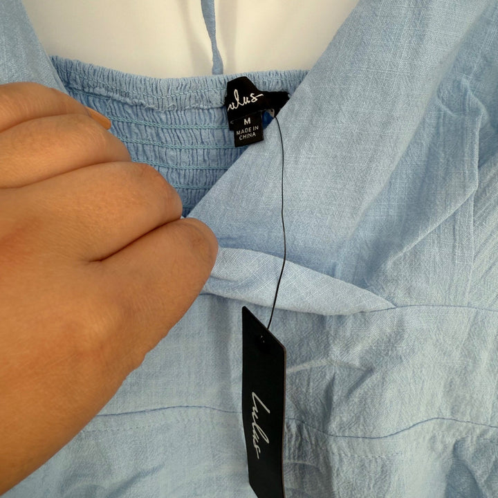 Lulus Dreaming Of Paris Blue Puff Sleeve Mini Dress With Pockets Size M