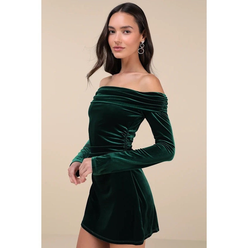 Lulus Nia Emerald Velvet Off-The-Shoulder Mini Dress Size M