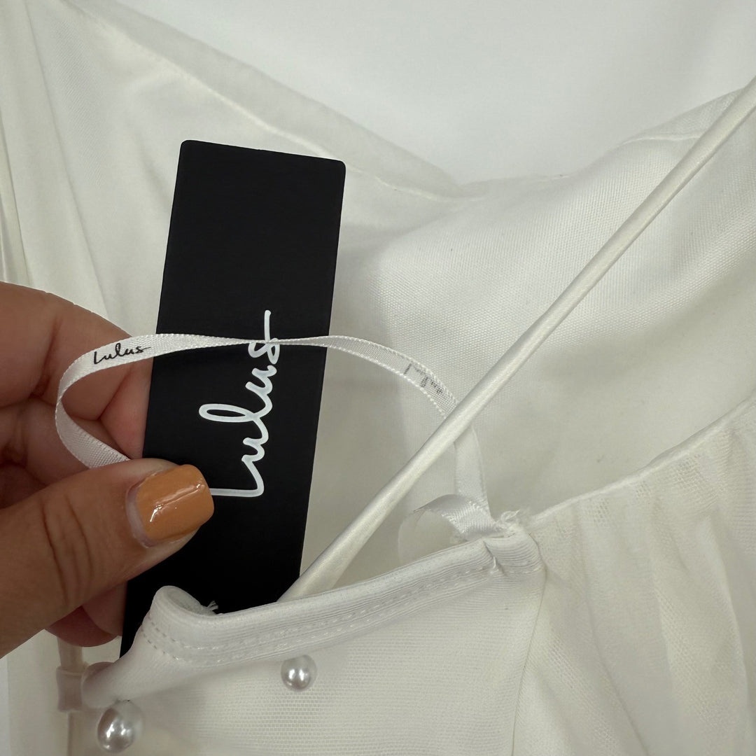 Lulus Unbelievably Divine White Mesh Pearl Lace-Up Jumpsuit Size S