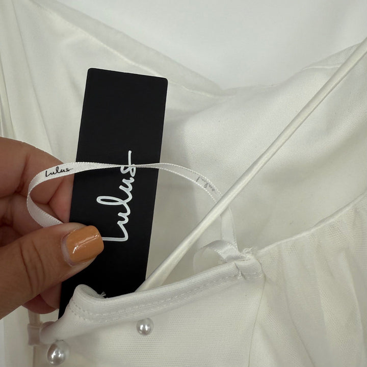 Lulus Unbelievably Divine White Mesh Pearl Lace-Up Jumpsuit Size S