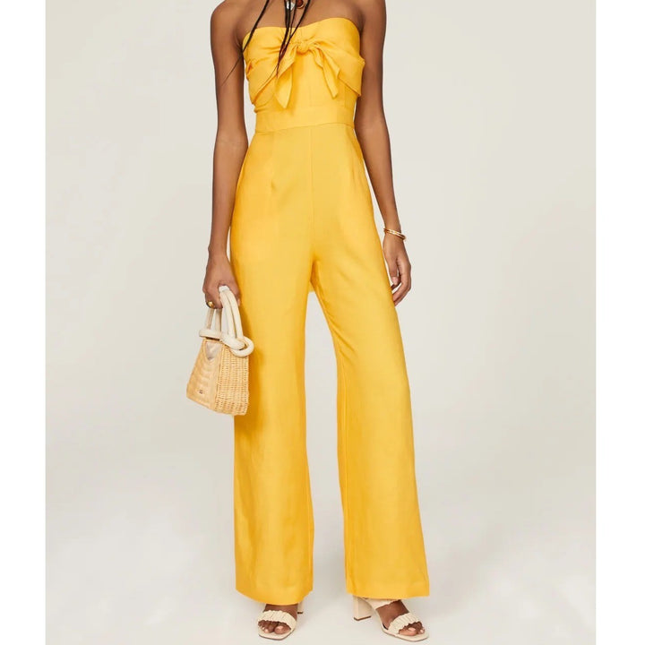 Derek Lam Collective Yellow Linen Blend Halter Wide Leg Jumpsuit Size 38